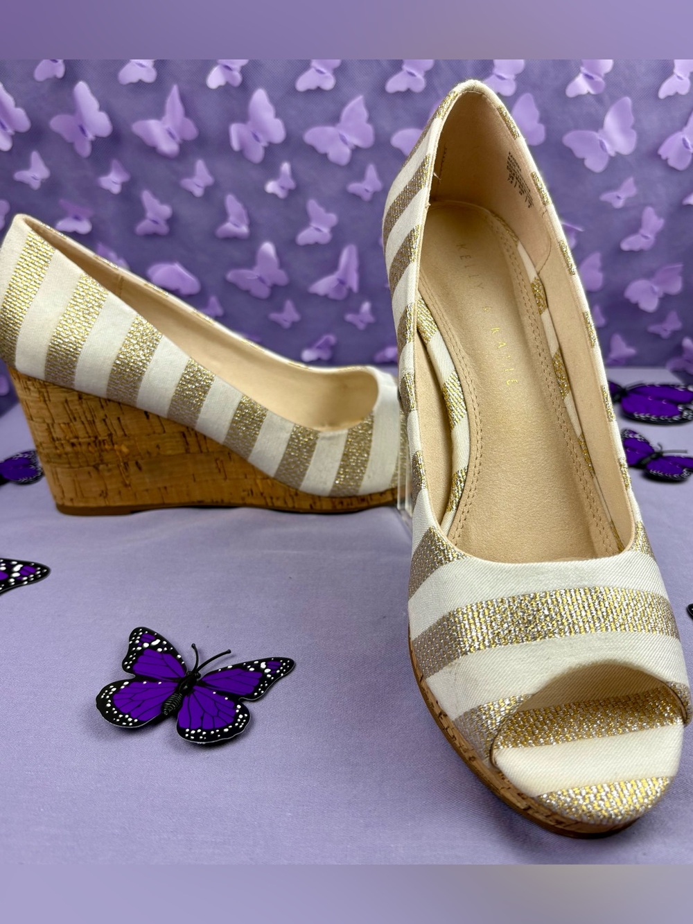Kelly and Katie Women’s Cream & Gold Striped Cork Wedge Peep-Toe Shoes